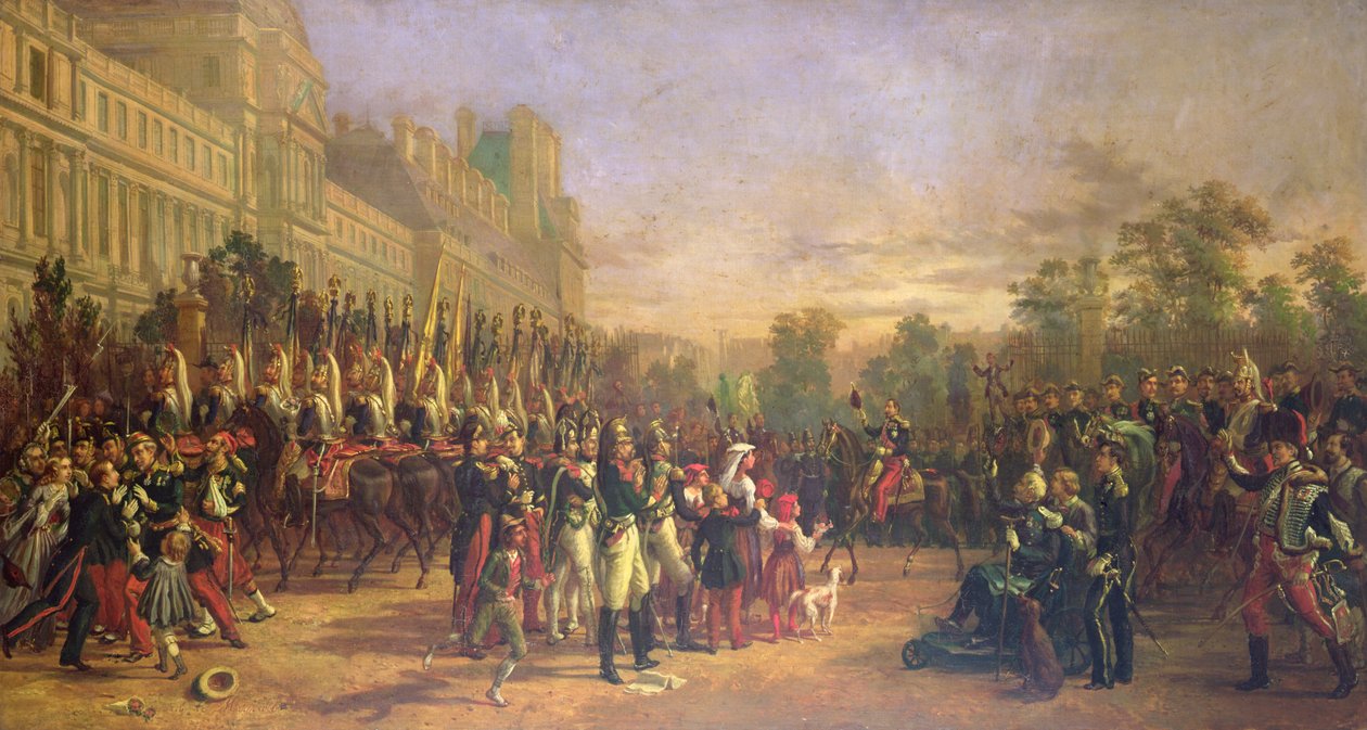 Przybycie do Tuileries Napoleona III i jego żołnierzy powracających z Włoch w sierpniu 1859 r. (olej na płótnie) autorstwa Georges Achille de Magrath