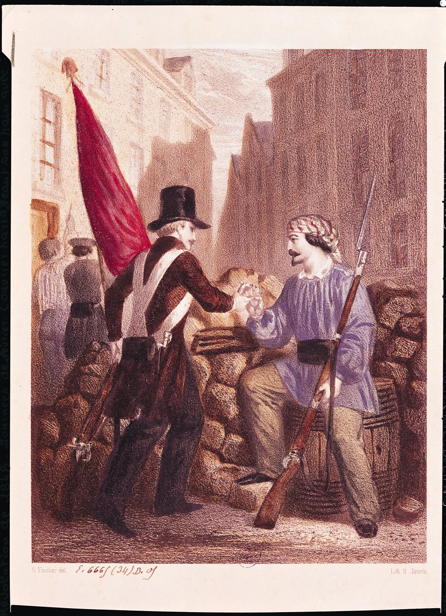 Robotnik dzielący się chlebem ze studentem niosącym czerwoną flagę, z „Les Journees de Fevrier”, ryciny H. Jannina autorstwa Georges Alexandre Fischer