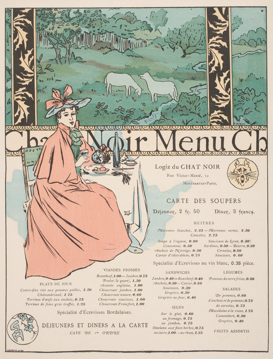 Menu z Chat Noir (kolorowa lito i pochoir) autorstwa Georges Auriol