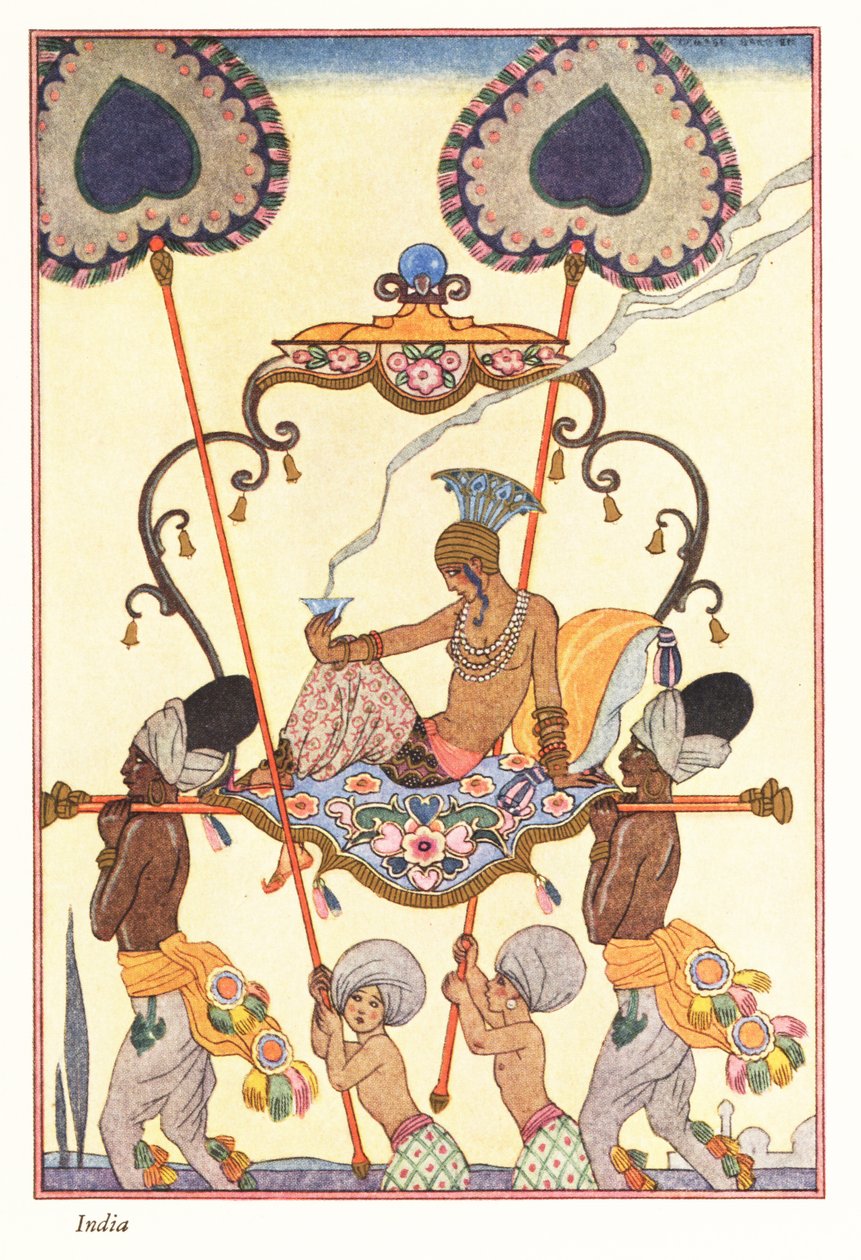 Szlachetna kobieta pali kadzidło w palankinie, starożytne Indie 1928 (druk) autorstwa Georges Barbier