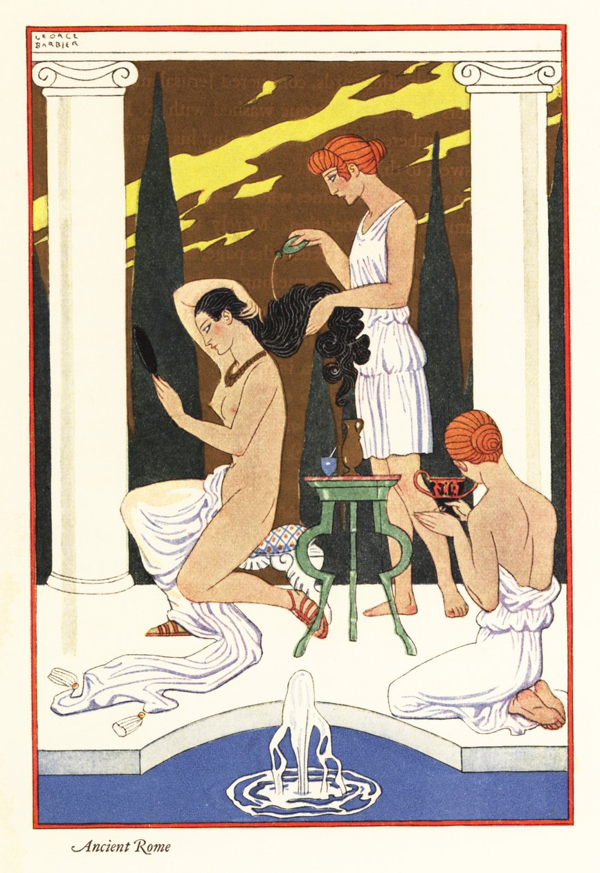 Niewolnica wylewa pachnący olejek na włosy swojej kochanki, starożytny Rzym 1928 (druk) autorstwa Georges Barbier