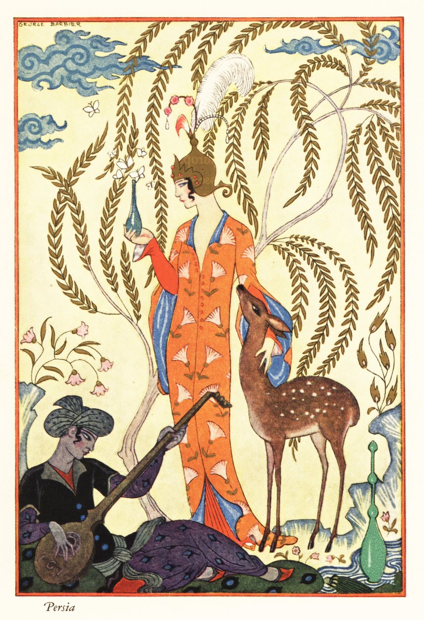 Kobieta trzyma flakonik perfum, starożytna Persja autorstwa Georges Barbier