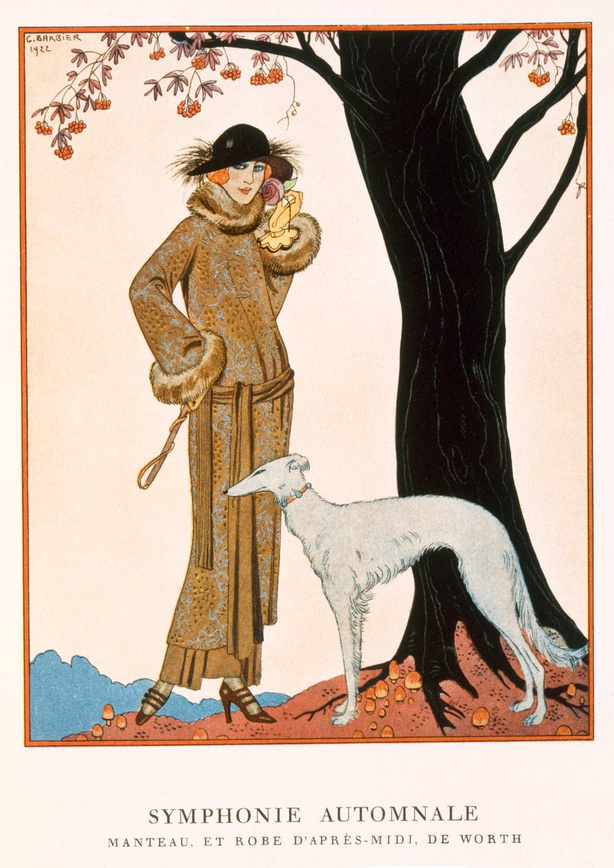 Jesienna Symfonia, popołudniowy płaszcz i sukienka Worth, z „Gazette de Bon Ton” nr 9 autorstwa Georges Barbier