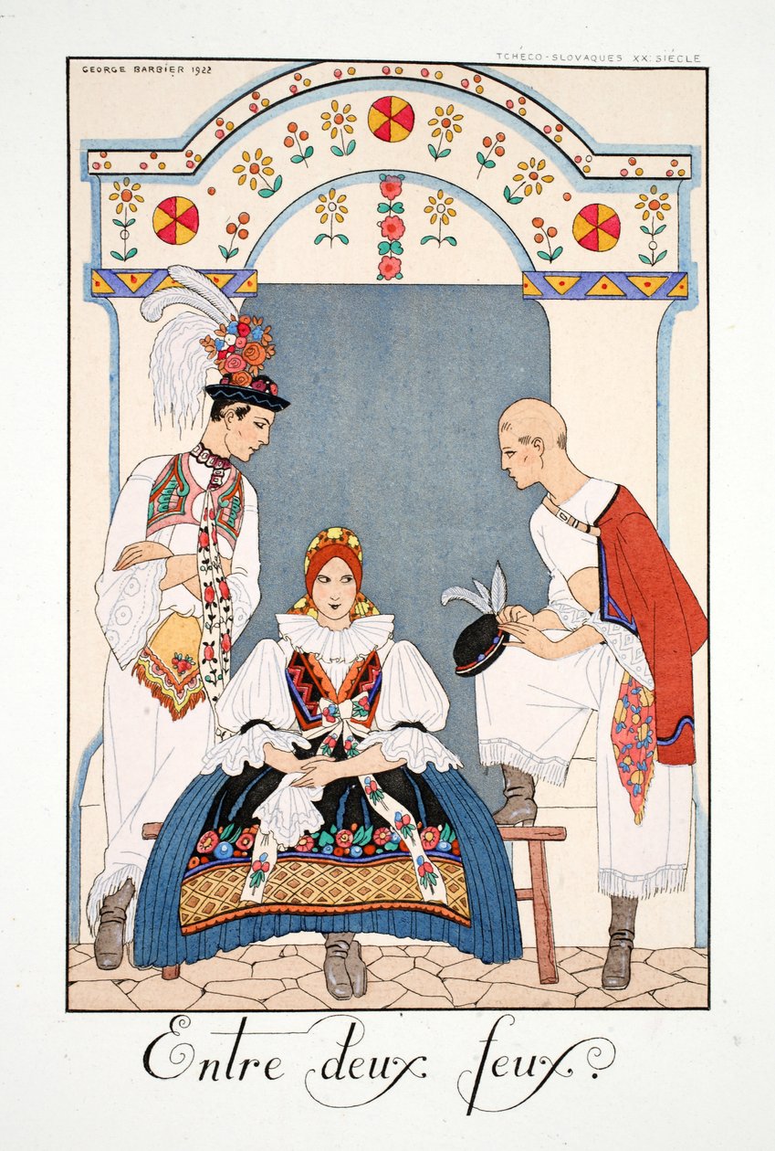 Między dwoma płomieniami, z „Falbalas & Fanfreluches, Almanachu teraźniejszości, przeszłości i przyszłości” autorstwa Georges Barbier