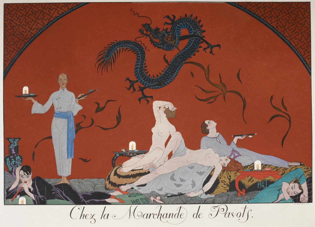 Chez la Marchande de Pasots. Ludzie, niektórzy nago, leżą w pokoju. Chińska dekoracja. autorstwa Georges Barbier