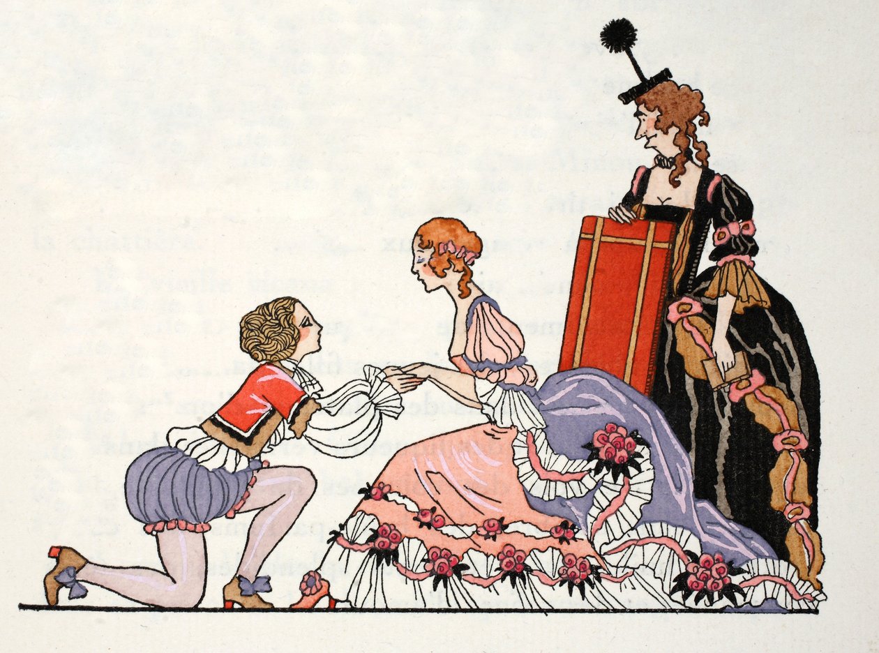 Kopciuszek z księciem z bajki, przygląda się jej macocha (odbitka w pochoirze) autorstwa Georges Barbier