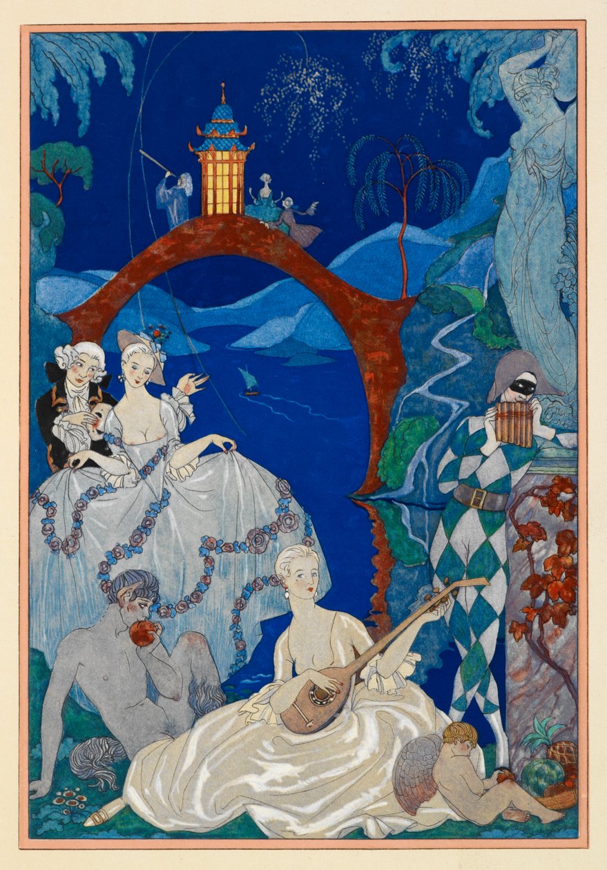 Claire de Lune. Piękna kobieta grająca na mandolinie. Obok niej siedzi faun. Arlekin. Wszystko w krajobrazie. autorstwa Georges Barbier