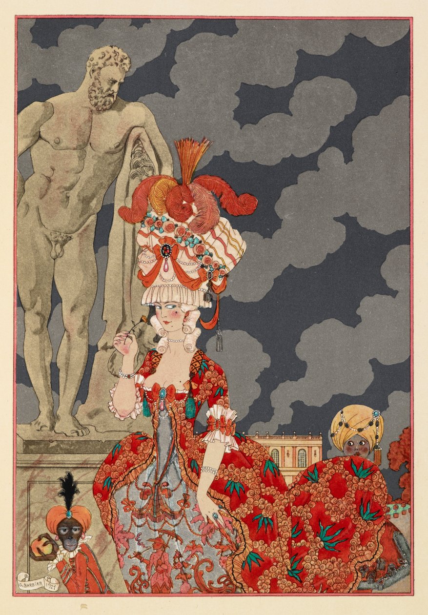 Orszak. Atrakcyjna kobieta ubrana w czerwoną sukienkę i opracowująca co. Mała małpka i chłopiec. autorstwa Georges Barbier
