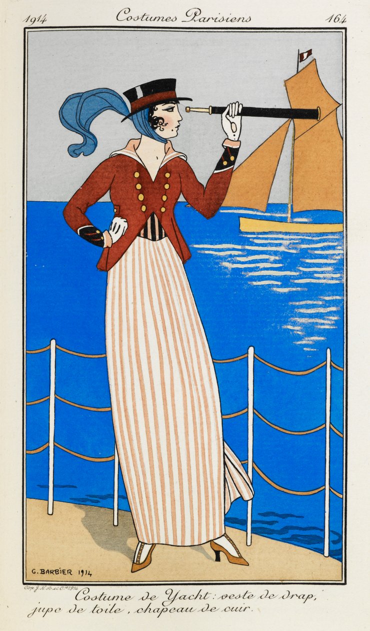 Costume de Yacht: veste de drap, jupe de toile, chapeau de cuir. Kobieta ubrana w strój jachtowy: żakiet z czerwonego materiału, lnianą spódnicę w paski, skórzany kapelusz i niebieski szalik. Używa teleskopu, celując w łódź w tle. Kostiumy Paryżanie. autorstwa Georges Barbier