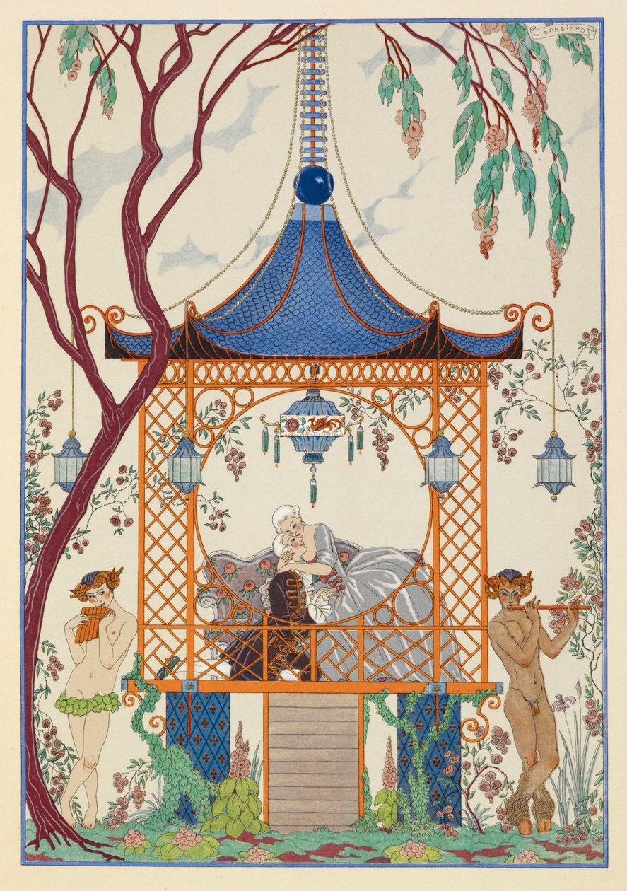 Cythere. Mężczyzna i kobieta w pawilonie, przytuleni. Na zewnątrz mityczne stworzenia grające na rurach. autorstwa Georges Barbier