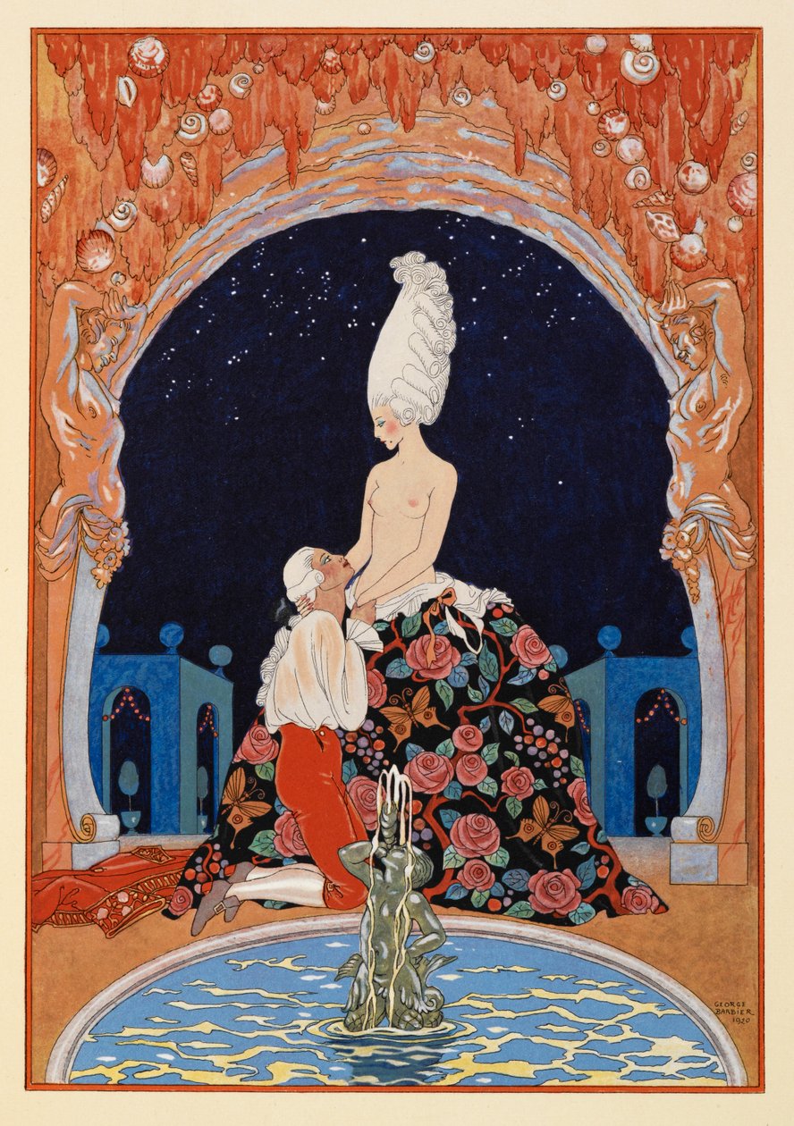 Dans la Grotte. Mężczyzna klęczący przed półnagą kobietą przy fontannie. autorstwa Georges Barbier