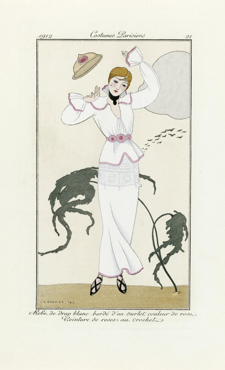 Projekt na białą sukienkę z różowym wykończeniem i szydełkowym paskiem, z Costumes Parisien, wyd. 1912 (druk w pochoirze) autorstwa Georges Barbier