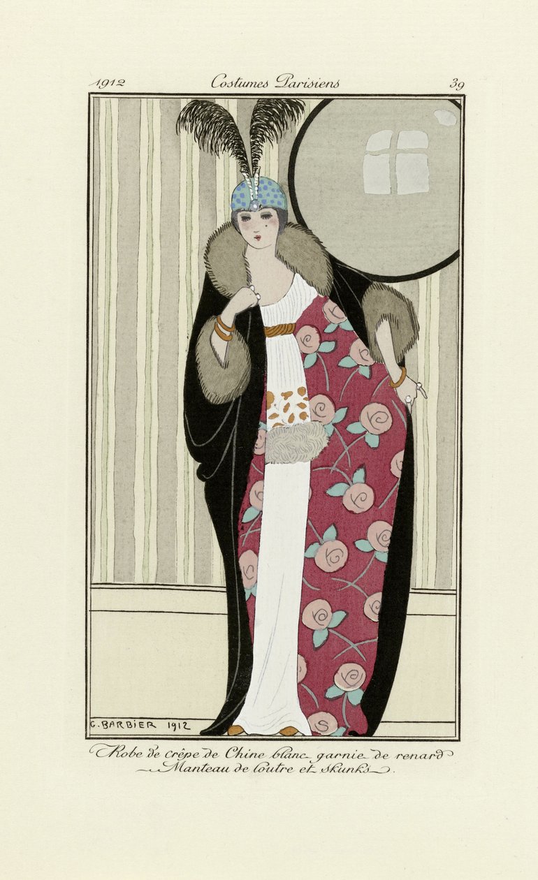 Projekt sukni z krepy chińskiej i futra, z Costumes Parisien, wyd. 1912 (odbitka w pochoirze) autorstwa Georges Barbier