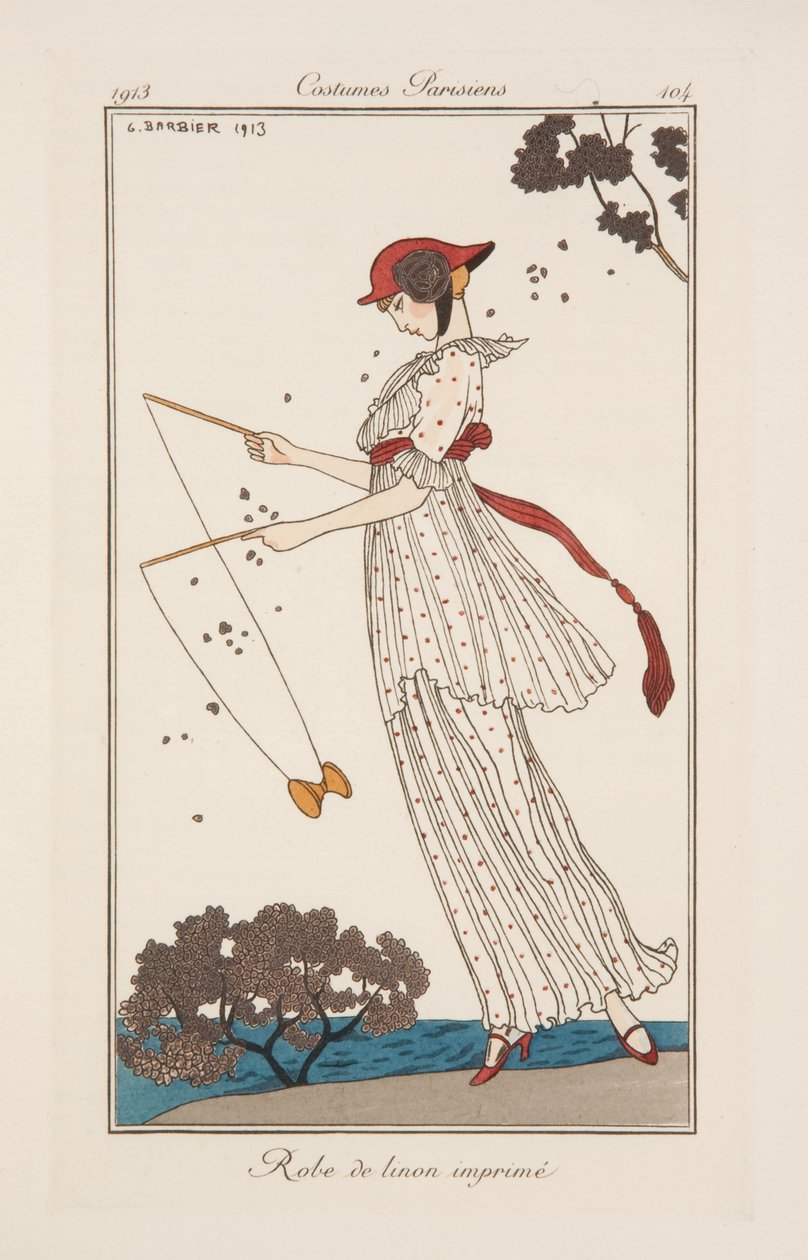 Sukienka z lnu z nadrukiem, ilustracja z „Journal des Dames et des Modes” autorstwa Georges Barbier