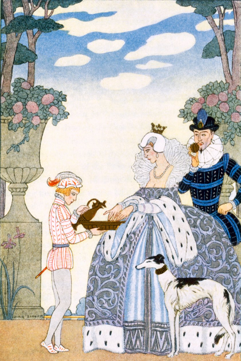 Elżbietańska Anglia, z „The Art of Perfume”, wyd. 1912 (odbitka w pochoirze) autorstwa Georges Barbier