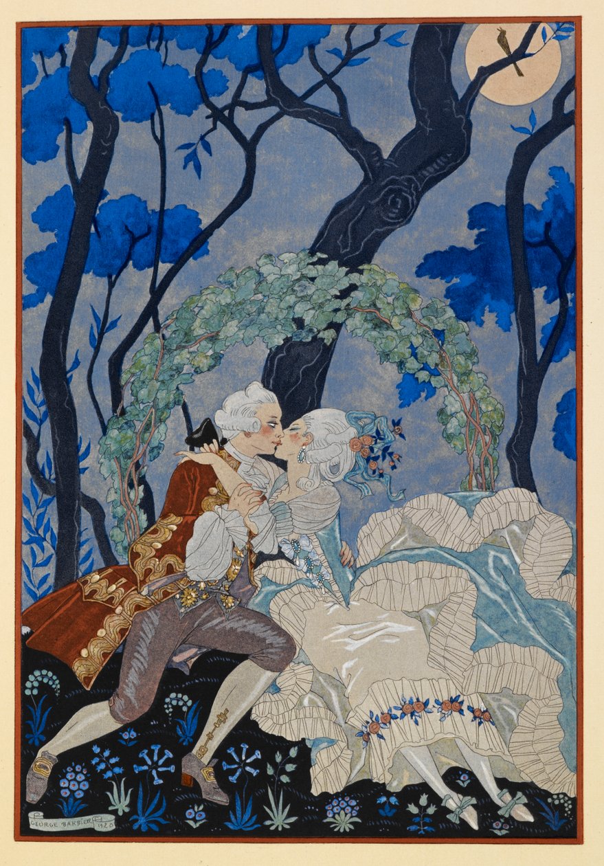 Pl Sourdine. Mężczyzna i kobieta całują się w świetle księżyca. autorstwa Georges Barbier