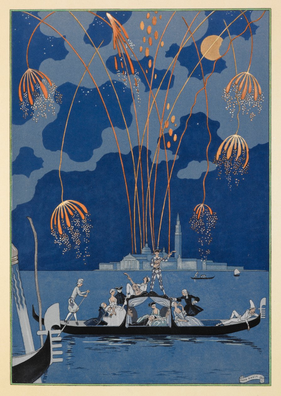 En bateau. Fajerwerki w Wenecji. Ludzie w gondoli. autorstwa Georges Barbier