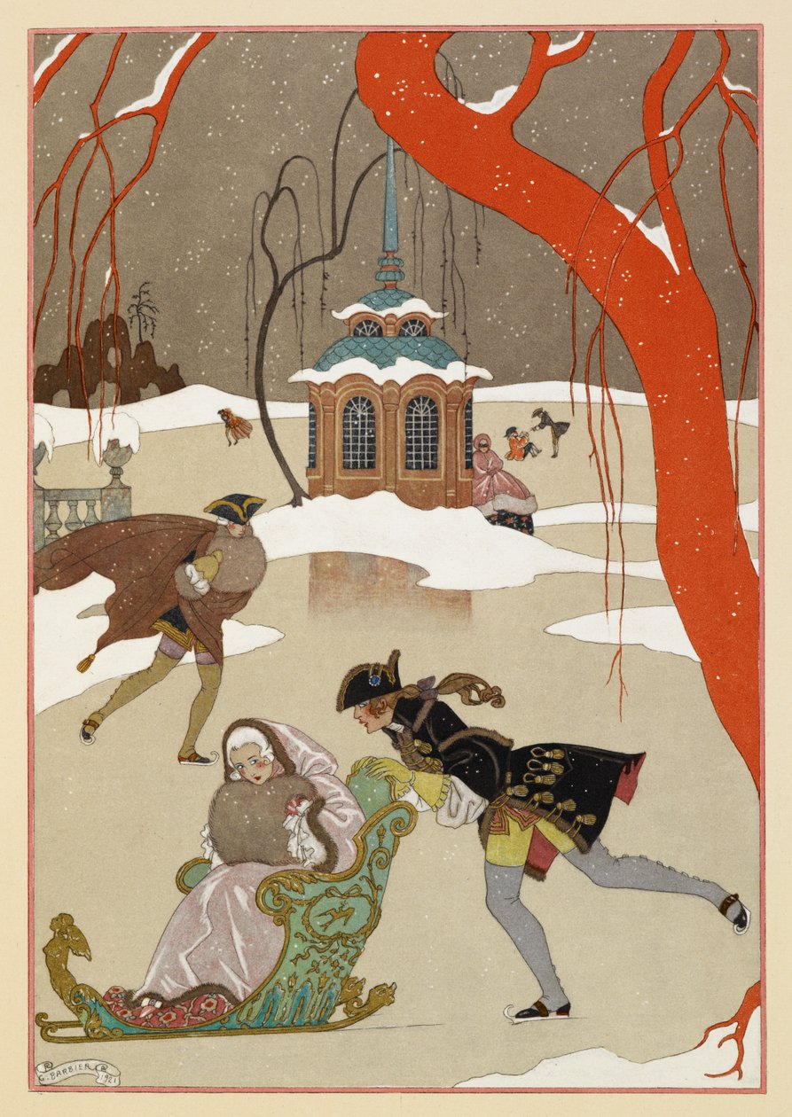 „Patynowanie”. Ludzie na łyżwach. Kobieta siedząca na saniach. autorstwa Georges Barbier