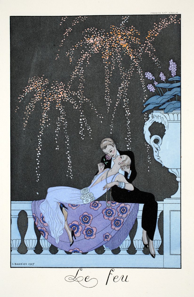 Ogień z „Falbalas i Fanfreluches, Almanachu trybów teraźniejszości, przeszłości i przyszłości” autorstwa Georges Barbier