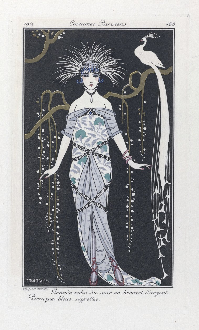 Duża suknia wieczorowa ze srebrnego brokatu. Peruka niebieska, aigrettes, z Costumes Parisiens, wyd. 1914 (odbitka szablonowa) autorstwa Georges Barbier