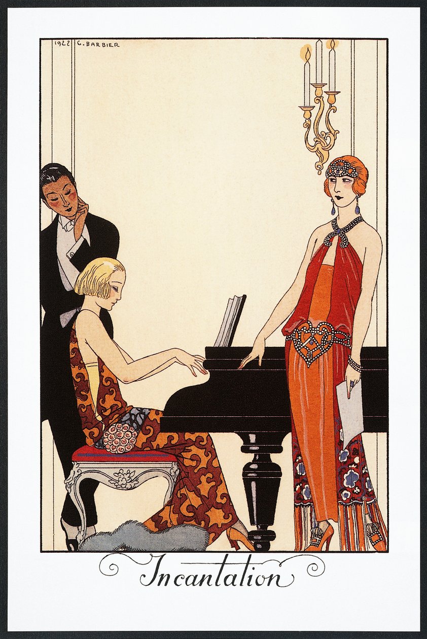 Zaklęcie, pianista i kobieta ubrana w suknie wieczorowe, ilustracja z Falbalas et Fanfreluches, Almanach 1923 autorstwa Georges Barbier