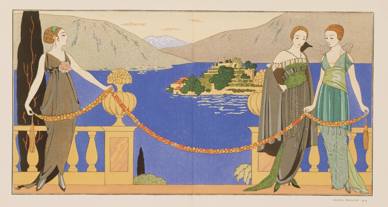 Isola Bella, suknie wieczorowe zaprojektowane przez Redfern, płyta 57 z „Gazette du Bon Ton”, czerwiec 1914 (odbitka w pochoirze) autorstwa Georges Barbier
