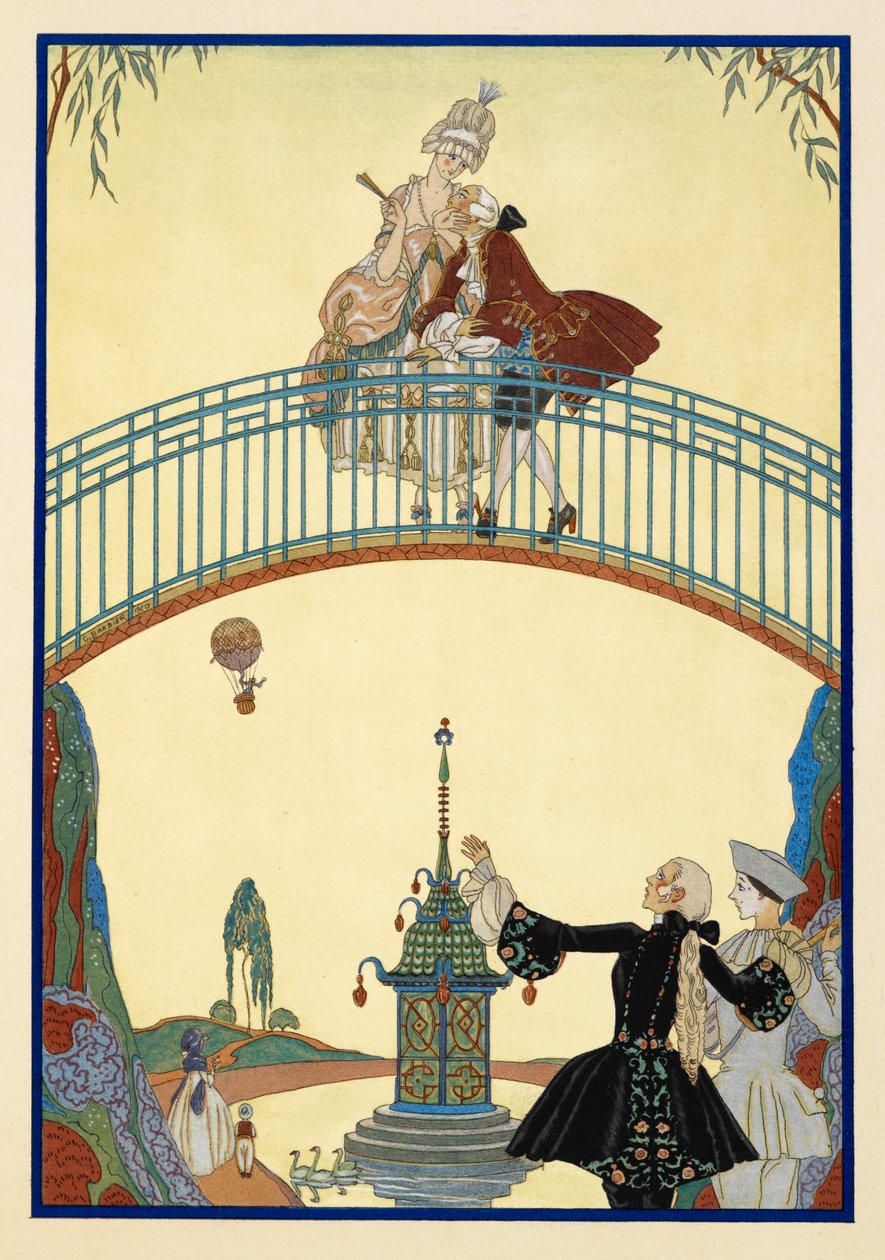 Ã€ La Promenade. Mężczyzna i kobieta na moście. Pierrot, poniżej. autorstwa Georges Barbier