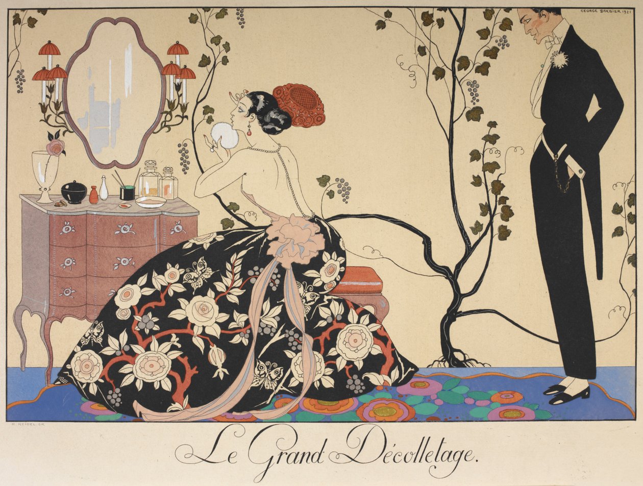 Wielki dekolt. Kobieta siedząca przy toaletce, podziwiana przez mężczyznę. autorstwa Georges Barbier