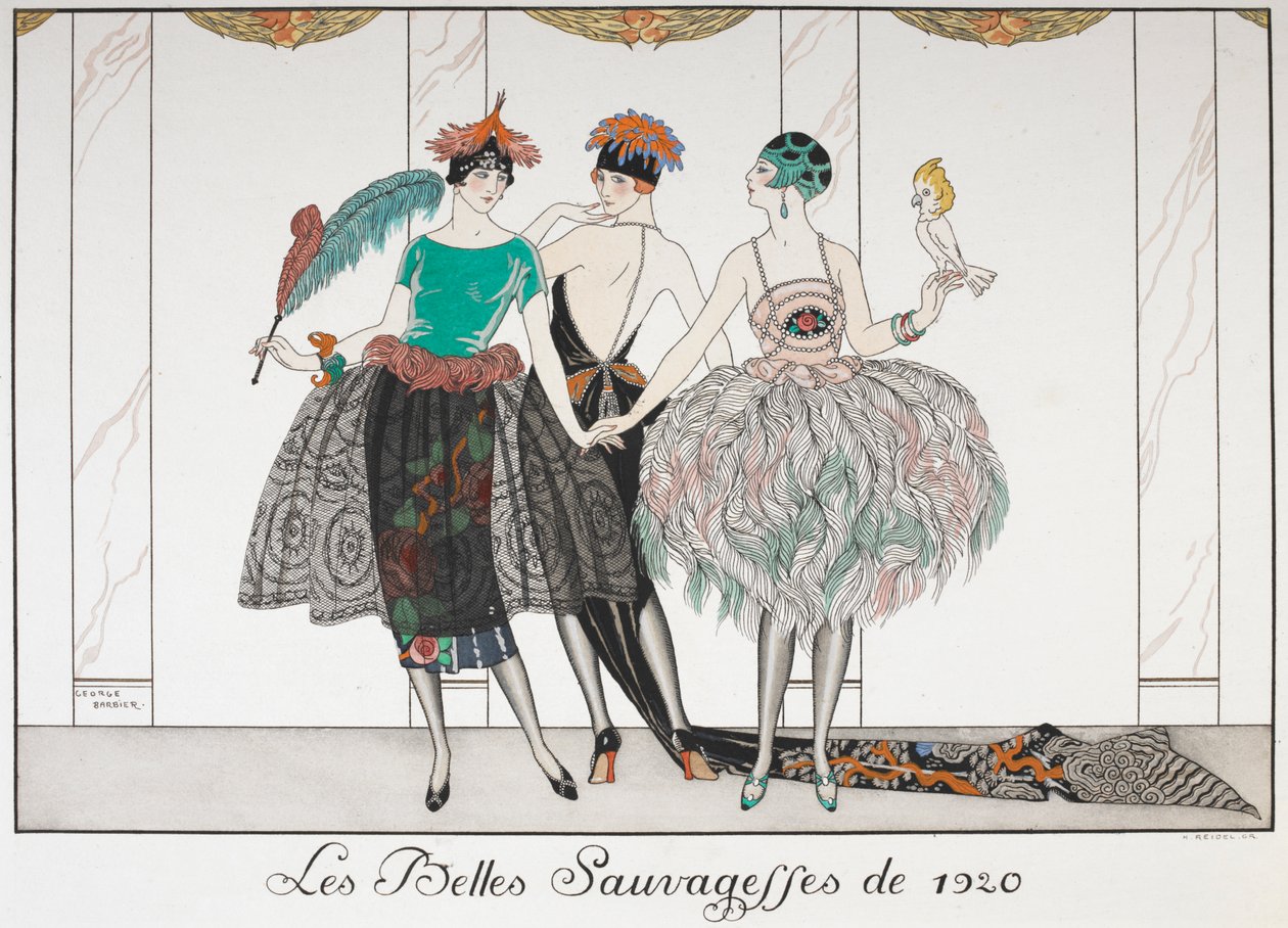 Les Belles Sauvagettes z 1920 roku. Trzy kobiety w szeregu w egzotycznych sukienkach. autorstwa Georges Barbier