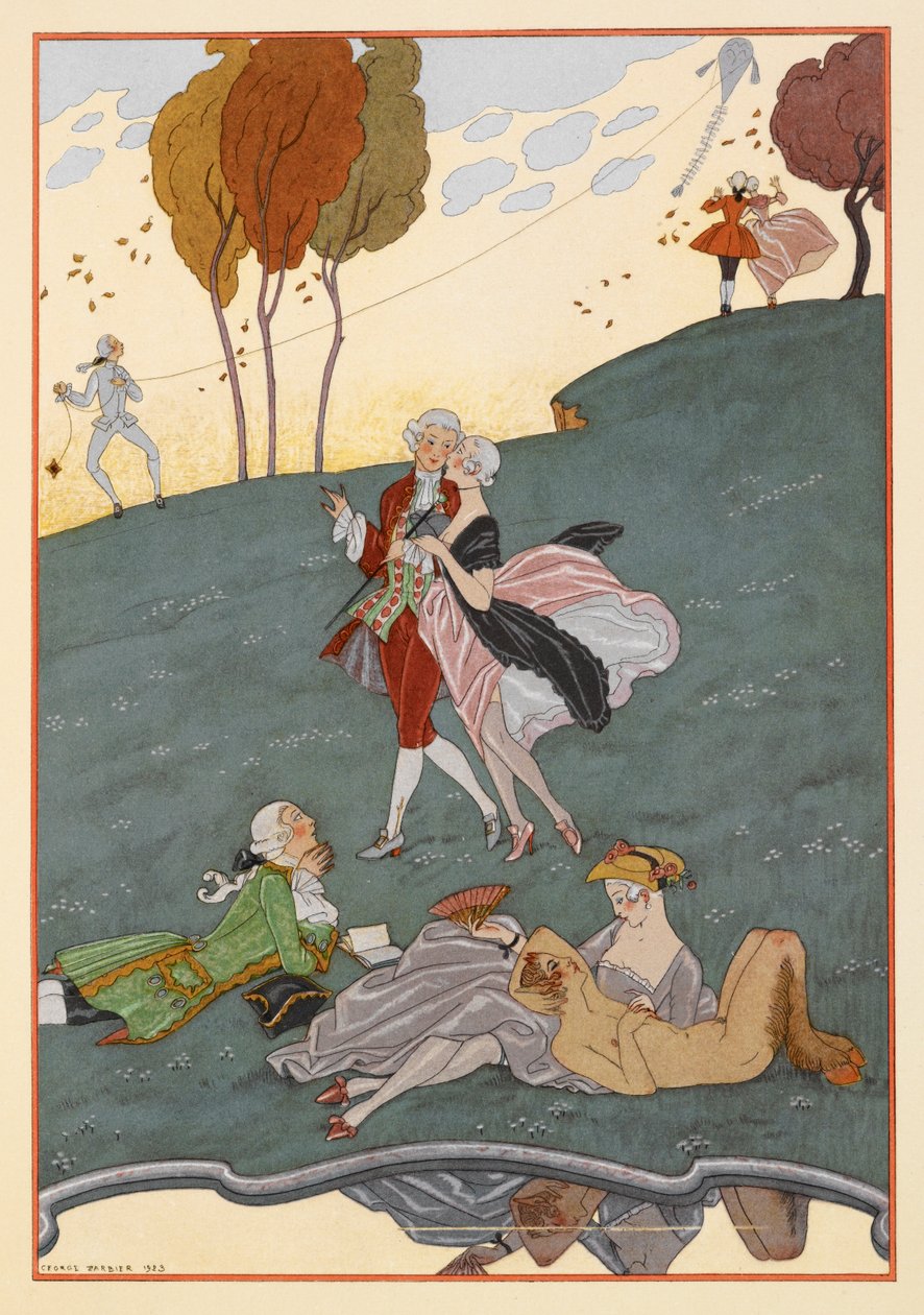 Les Ingenus. Wielu mężczyzn i kobiet. Mężczyzna puszczający latawiec. Faun. autorstwa Georges Barbier