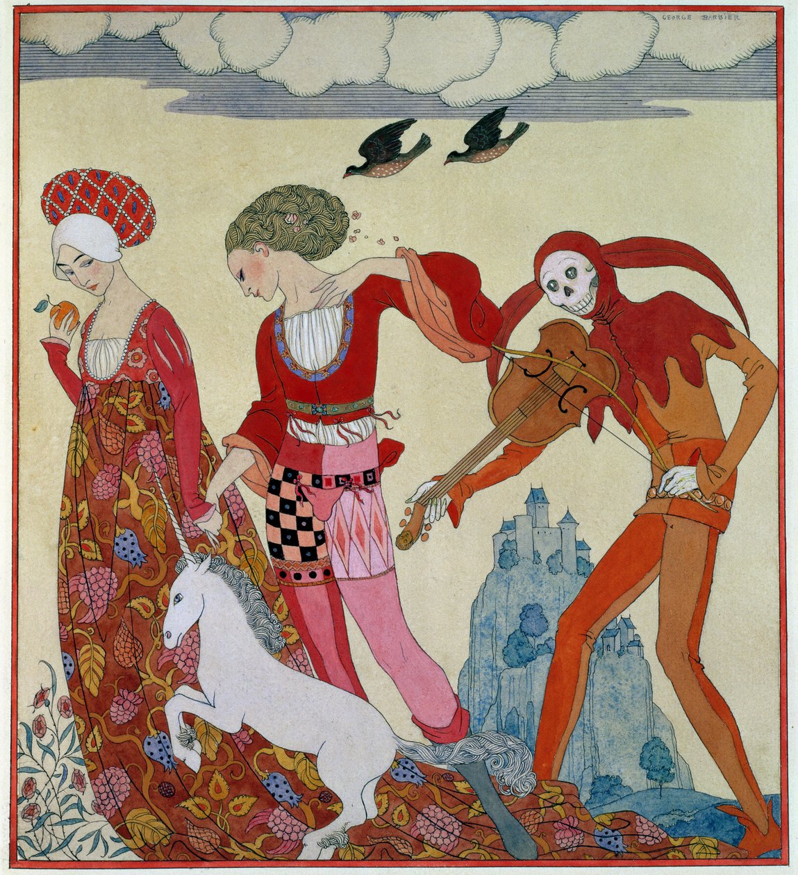 Miłość, pożądanie i śmierć (atramenty z mieszanymi mediami) autorstwa Georges Barbier