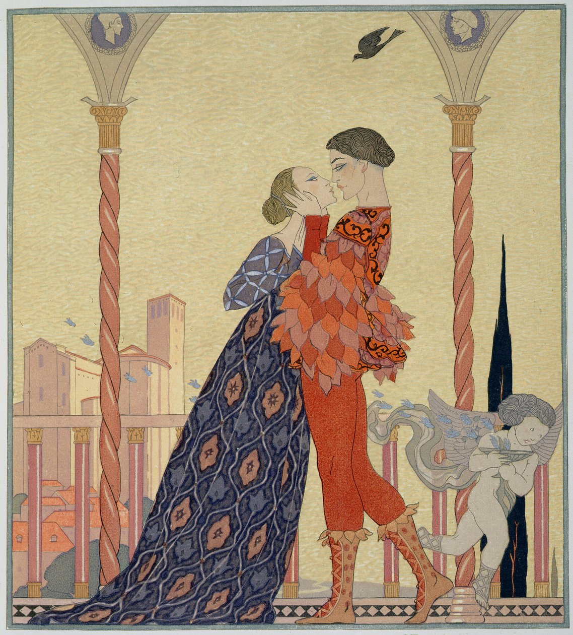 Kochankowie na balkonie (akwarela na papierze) autorstwa Georges Barbier