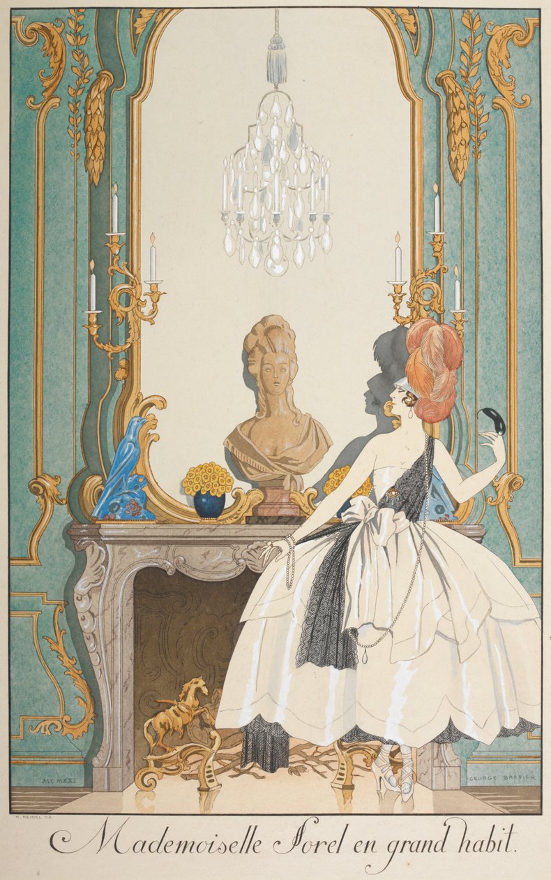 Mademoiselle Sorel w wielkim habicie. Kobieta stojąca przed kominkiem. autorstwa Georges Barbier