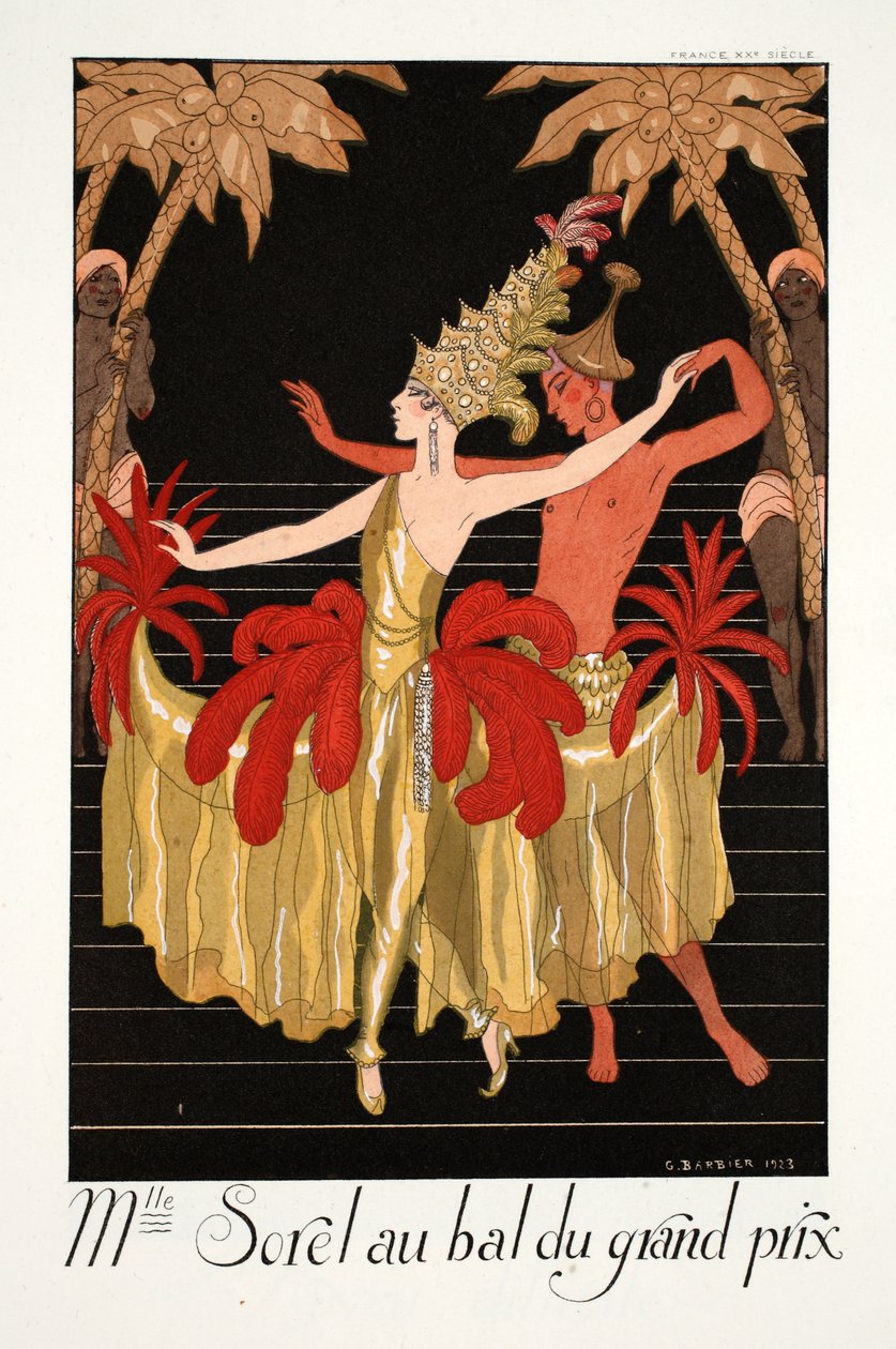 Miss Sorel na balu Grand Prix, z „Falbalas et Fanfreluches, Almanach des Modes Presents, Pastes et Futures” autorstwa Georges Barbier