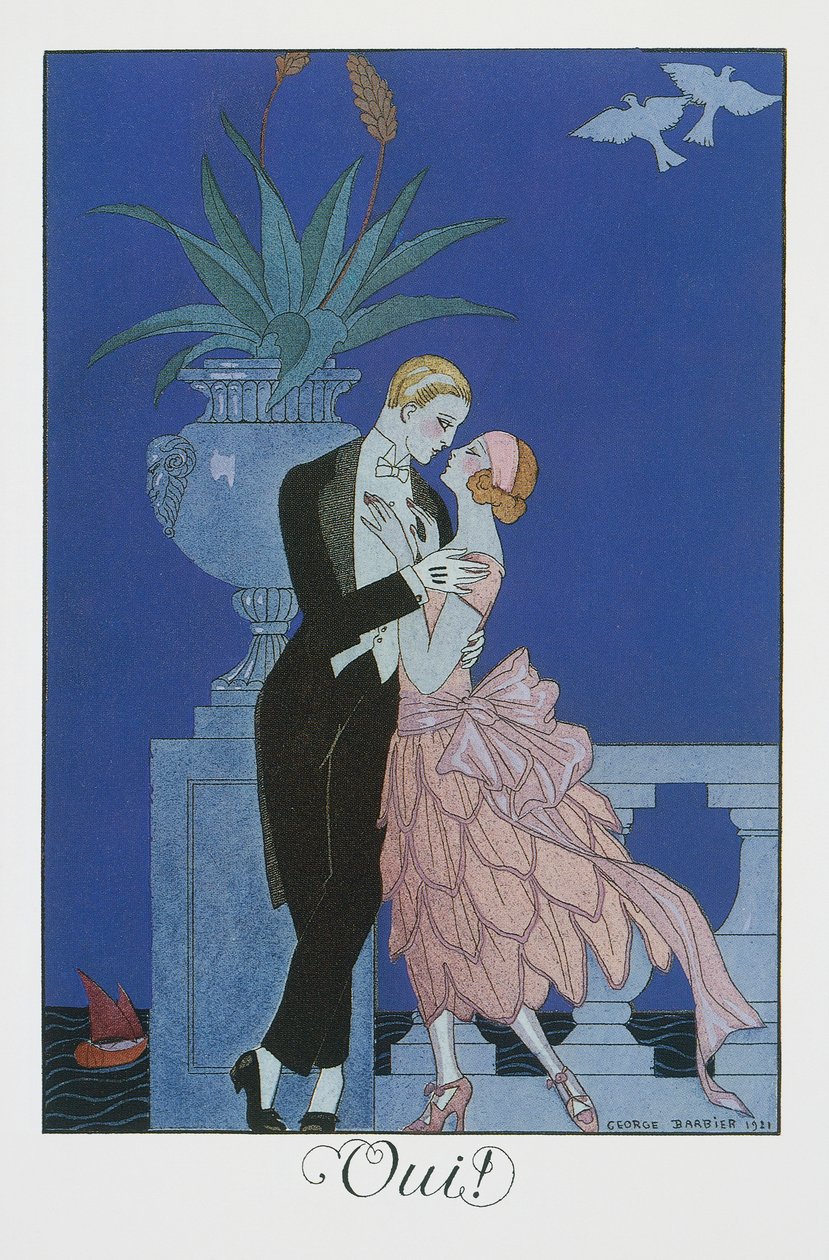 Tak, dwoje młodych narzeczonych w strojach wieczorowych, litografia Georgera Barbiera (1882-1932), z Falbalas et Fanfreluches, Almanach des Modes Presentes, Passees et Futures autorstwa Georges Barbier