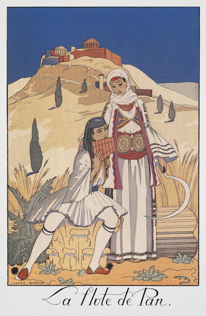Fletista przedstawiający tradycyjne greckie stroje autorstwa Georges Barbier