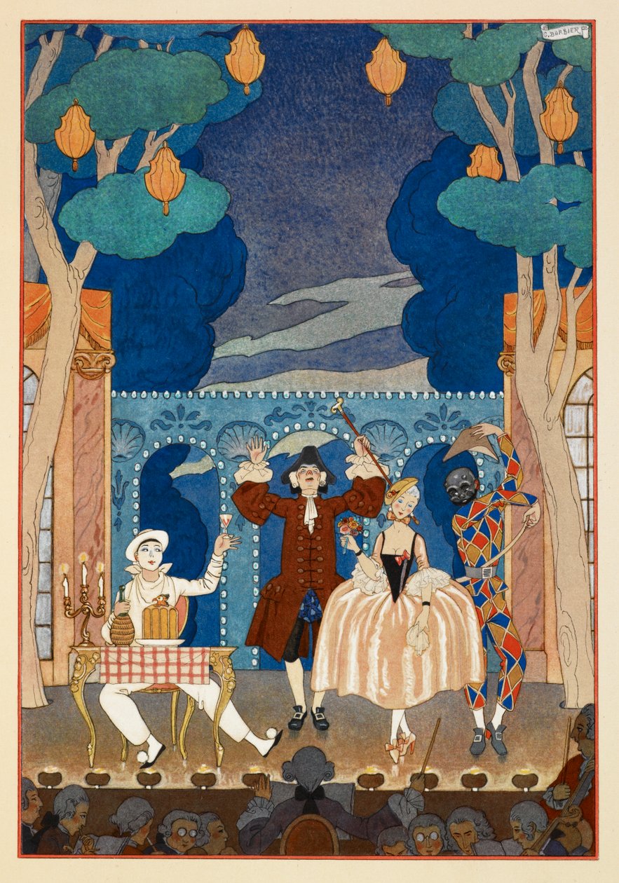 Pantomima. Pierrot i Arlekin. Mężczyzna i ładna kobieta. Wszystko na scenie. autorstwa Georges Barbier