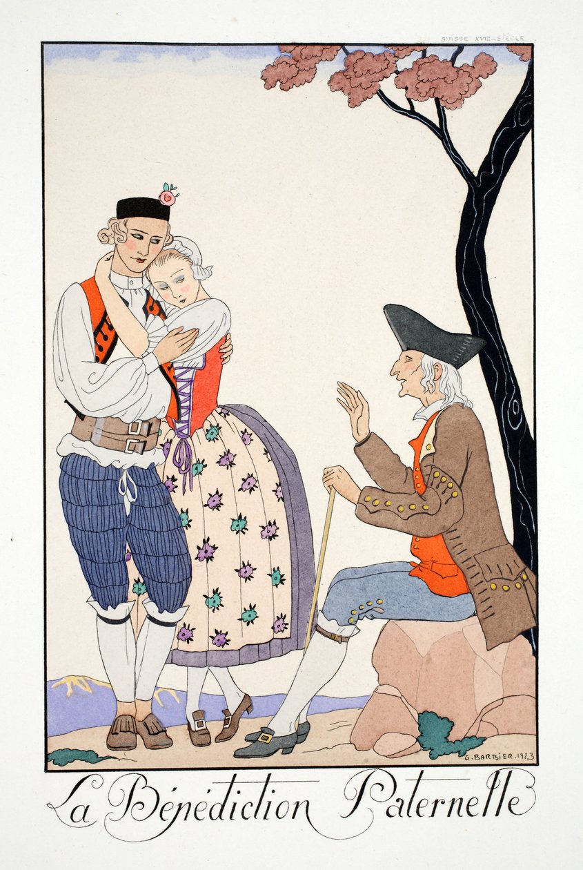 Błogosławieństwo ojcowskie, z „Falbalas et Fanfreluches, Almanach teraźniejszości, przeszłości i przyszłości” autorstwa Georges Barbier