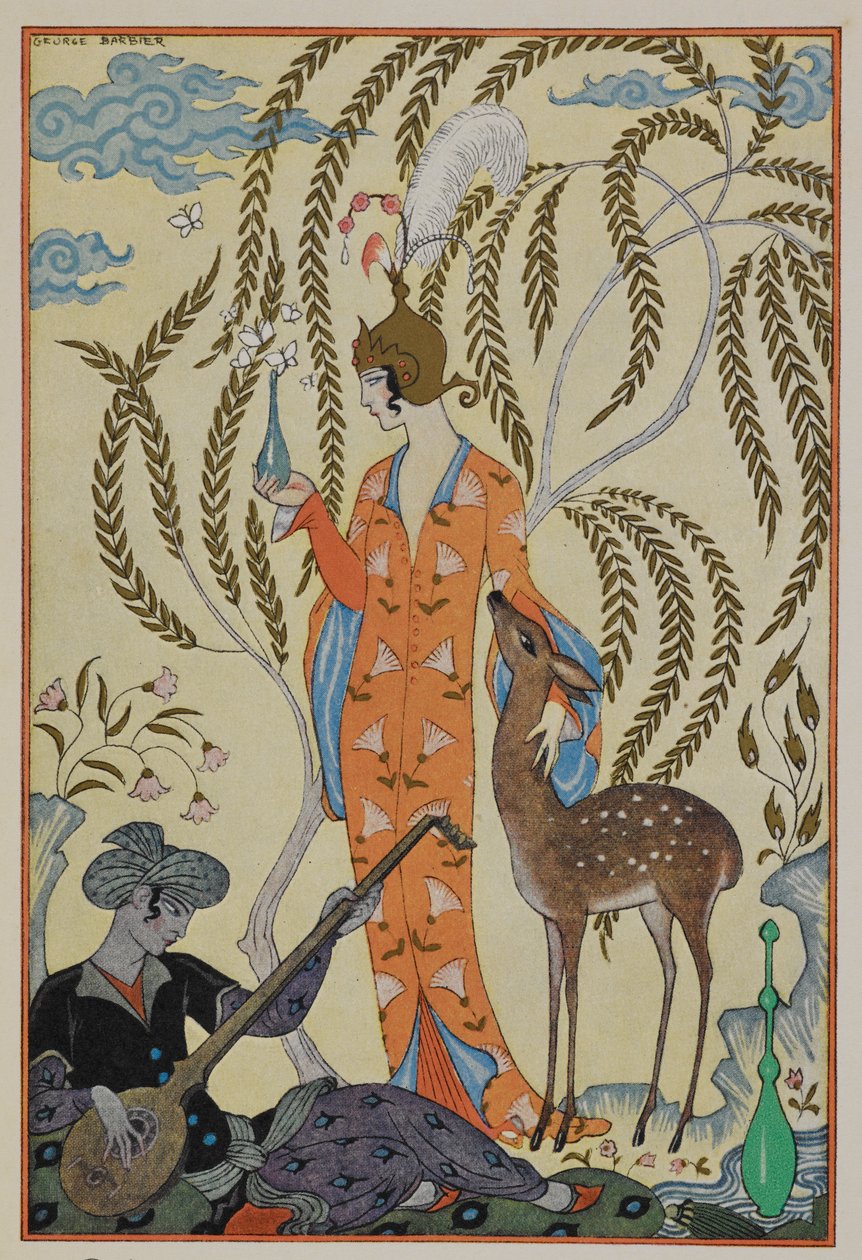 Persia. Kobieta z jelonkiem. Muzyk. autorstwa Georges Barbier