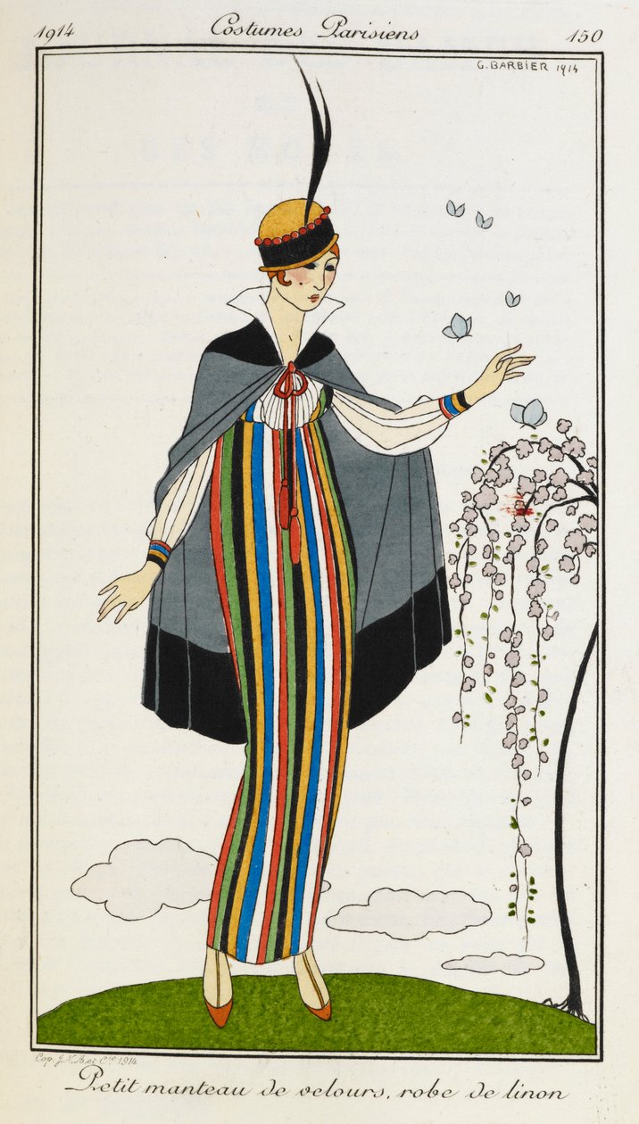 Petit manteau de velours, robe de linon. Kobieta ubrana w mały aksamitny płaszcz, lnianą sukienkę w paski, pomarańczowe półbuty i kapelusz obszyty czernią i czerwienią. Kostiumy Paryżanie. autorstwa Georges Barbier