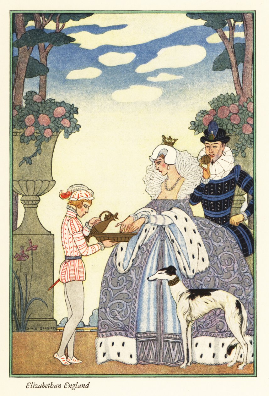Królowa Elżbieta myje ręce w misce trzymanej przez swojego paziowego chłopca. 1928 (druk) autorstwa Georges Barbier