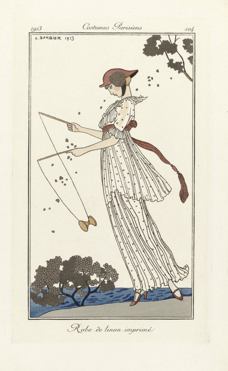 Robe de Linon Printed, z Costumes Parisien, wyd. 1913 (odbitka szablonowa) autorstwa Georges Barbier