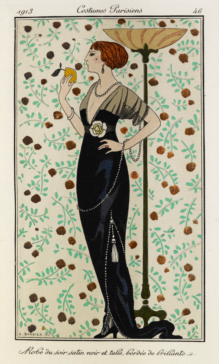 Robe du soir satin noir et tulle bordée de brillants. Kostiumy Paryżanie nr 46. Kobieta ma na sobie czarną satynową suknię wieczorową, wysadzaną brylantami i ma biały kwiatek w pasie. Ona również nosi diamentowy naszyjnik. autorstwa Georges Barbier