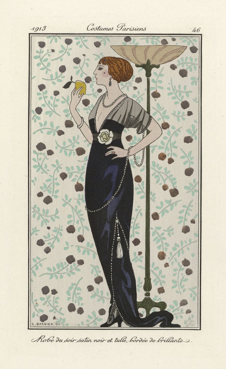 Czarna satynowa i tiulowa suknia wieczorowa obszyta brylantami, z Costumes Parisien, wyd. 1913 (odbitka szablonowa) autorstwa Georges Barbier