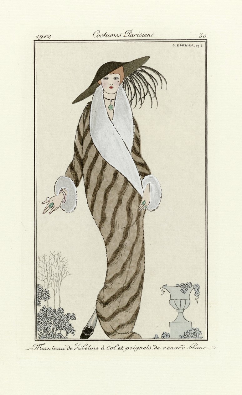 Płaszcz sobolowy z wykończeniem z białego lisa, z Costumes Parisien, wyd. 1912 (odbitka w pochoirze) autorstwa Georges Barbier
