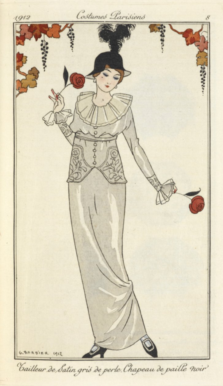 "Perłowoszary satynowy garnitur, czarny słomkowy kapelusz." autorstwa Georges Barbier