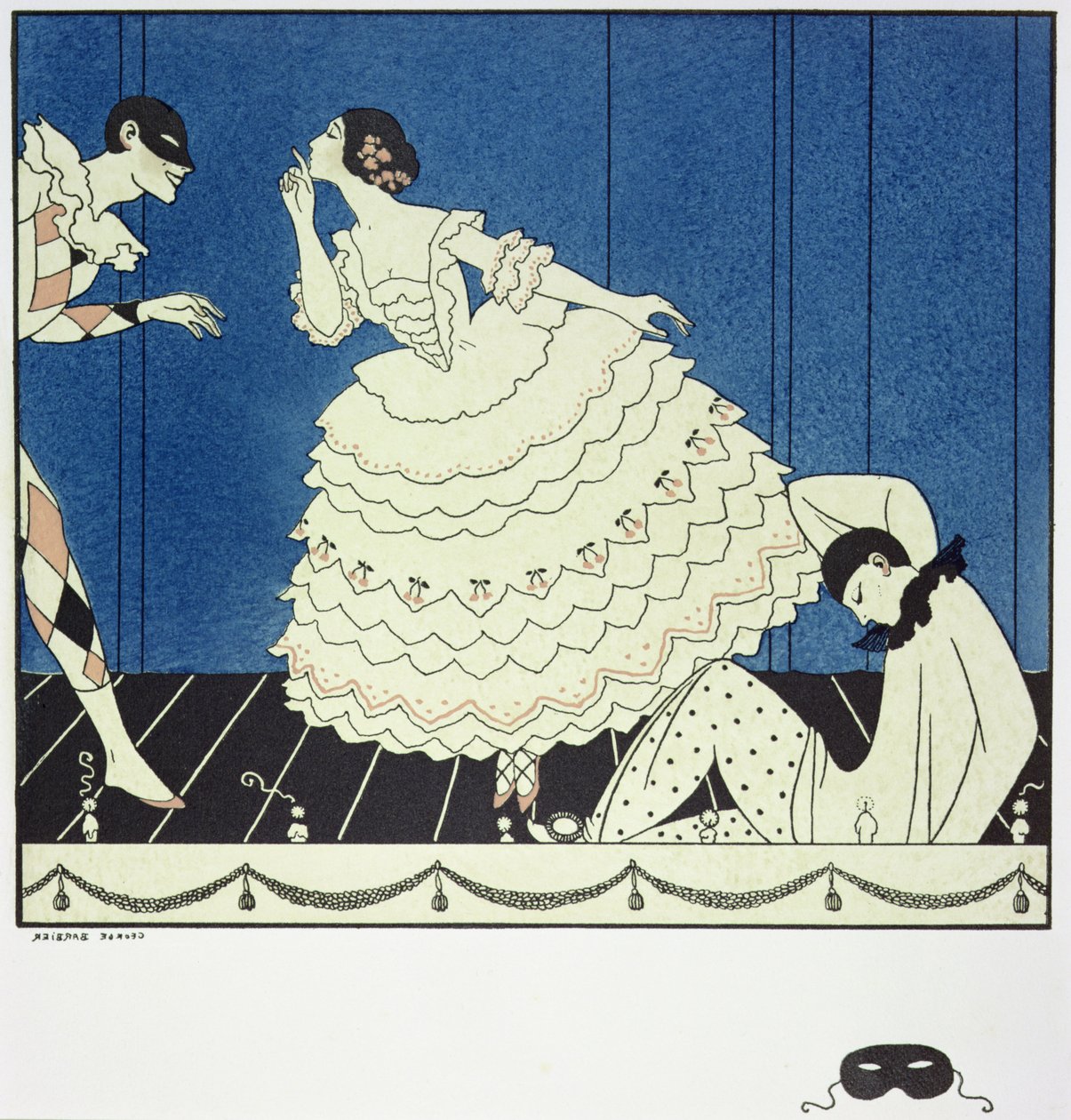 Tamara Karsavina (1885-1978) jako Columbine, Wacław Niżyński (1890-1950) jako Arlekin i Adolph Bolm (1884-1951) jako Pierrot w „Karnawale” Fokina w 1910, wyd. 1914 (odbitka w pochoirze) autorstwa Georges Barbier