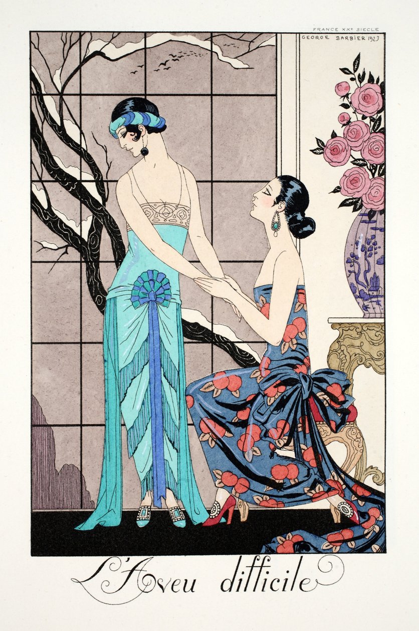 Trudne przyjęcie, z „Falbalas i Fanfreluches, Almanach teraźniejszości, przeszłości i przyszłości” autorstwa Georges Barbier