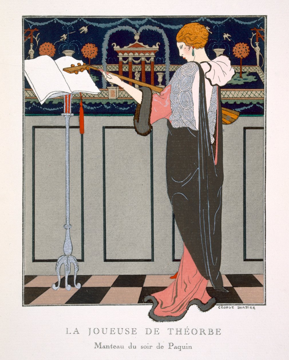 Theorbo Player, projekt wieczorowego płaszcza Paquin autorstwa Georges Barbier