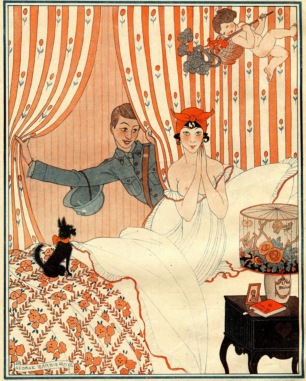 Nieplanowany powrót… Albo budzik - ilustracja z la Vie Parisienne autorstwa Georges Barbier